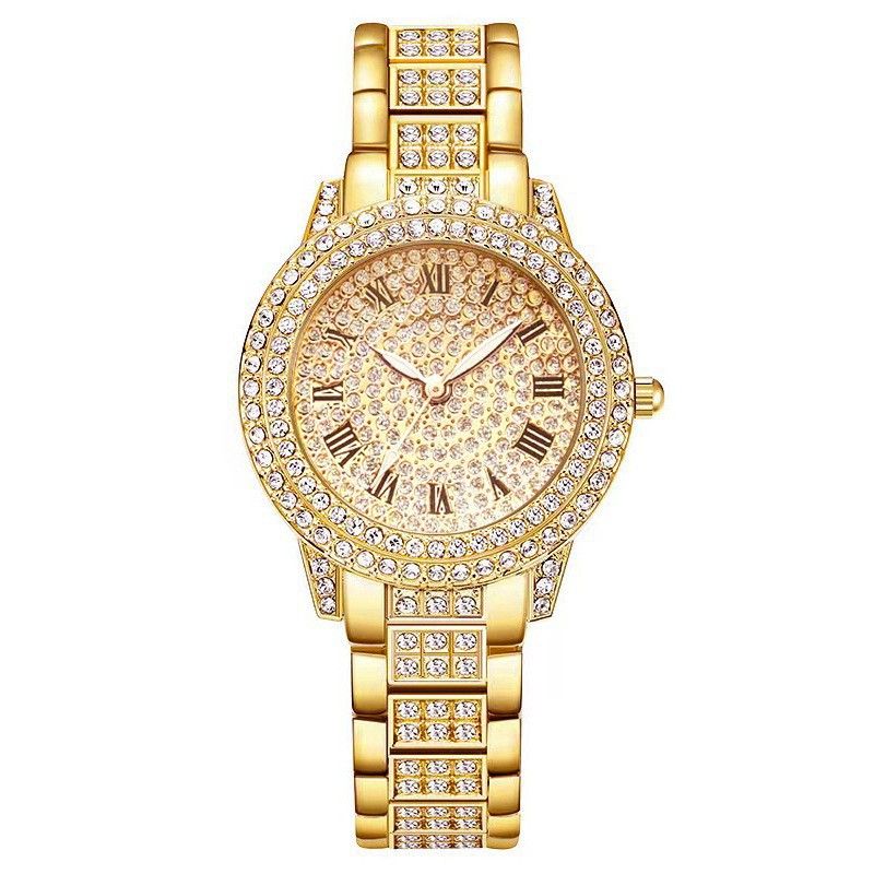 Ceas brățară cu quartz doamnelor live cu cifre romane cadran complet cu diamante ceas damă cu bandă de oțel cu diamante_voghion.com