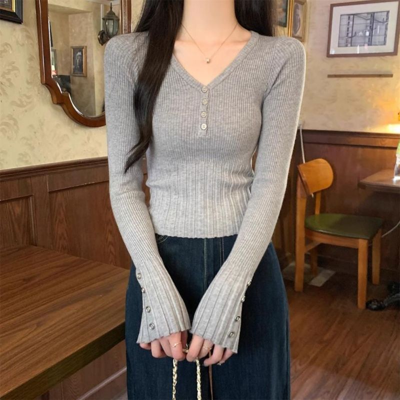 Maglione lavorato a maglia a maniche lunghe con scollo a V, elegante, stile coreano, per donna, versatile e alla moda, corto_voghion.com