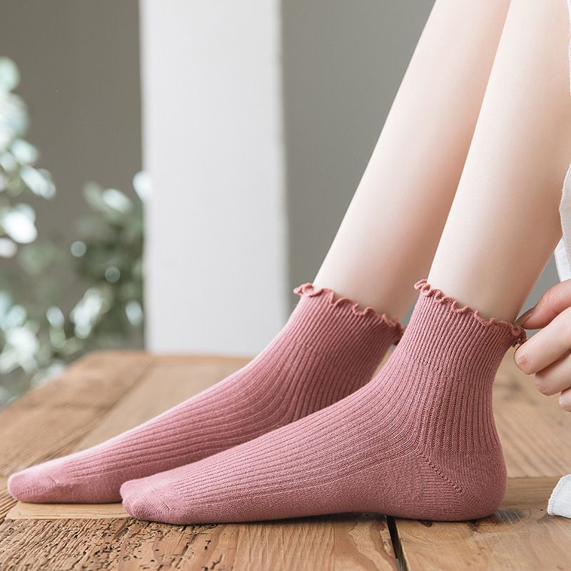 2 pairs of socks for women in a set, spring and summer, wood ear edge boat socks, double needle women's Japanese style short style, women's solid color lace women's socks_voghion.com