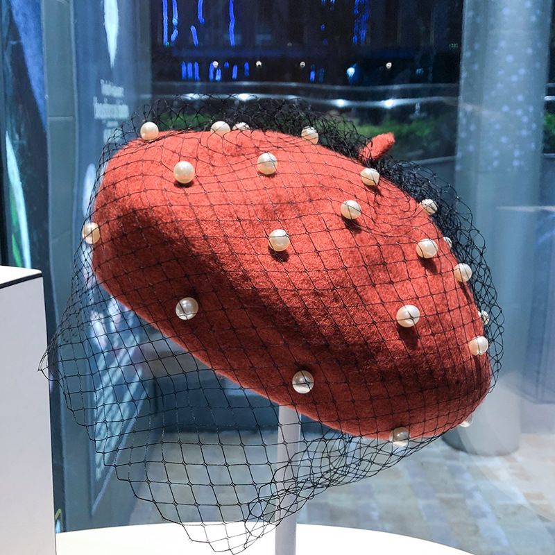 Heißer Verkauf Chic Wollmischung Vintage London mit Schleier Mesh Show Doppelschicht Damen Baskenmütze Beanies Caps Gorro für Ladys Bankett_voghion.com