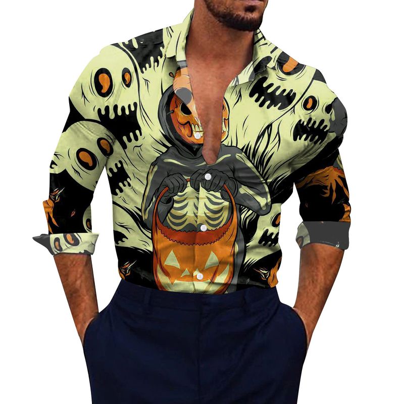 Chemise ample de plage imprimée en 3D à manches longues pour hommes, taille américaine, tête de citrouille chauve-souris Halloween_voghion.com