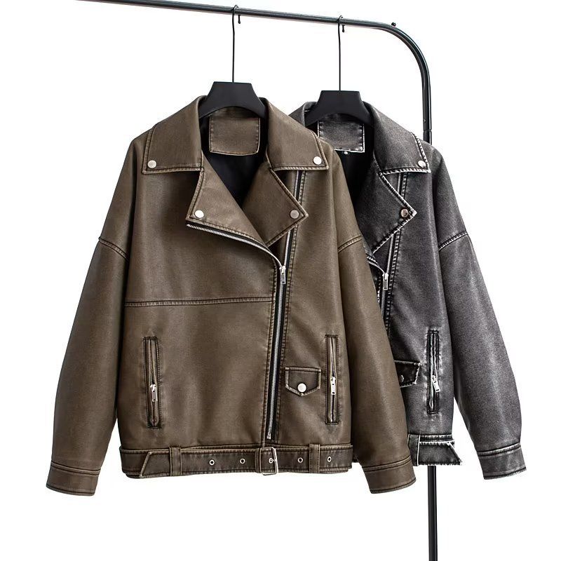 Giacca oversize alla moda in similpelle da donna - Cappotto in PU lavato vintage con colletto a revers, stile streetwear chic, nero e grigio (S/M/L/XL)_voghion.com