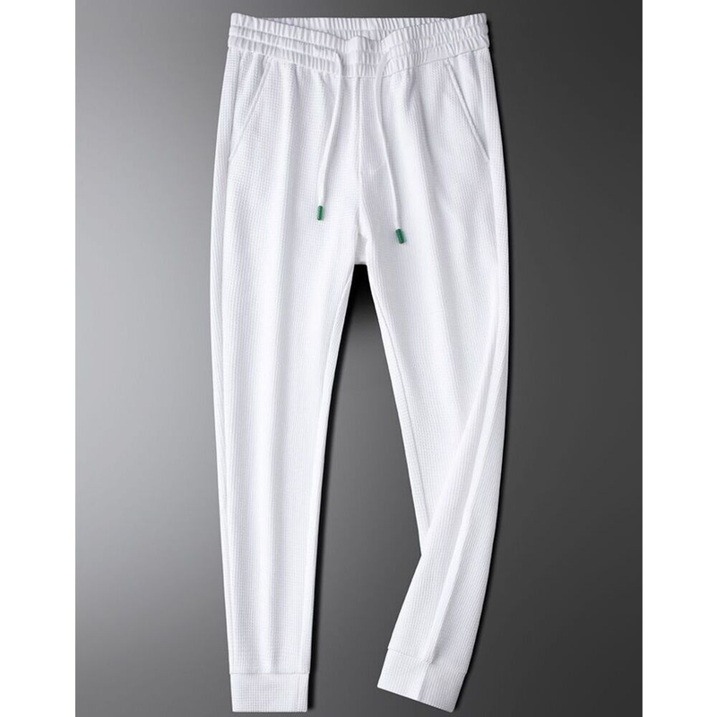 Pantaloni bianchi a quadri waffle leggeri di lusso alla moda europea per uomo, vestibilità slim e casual morbidi, primavera e autunno_voghion.com