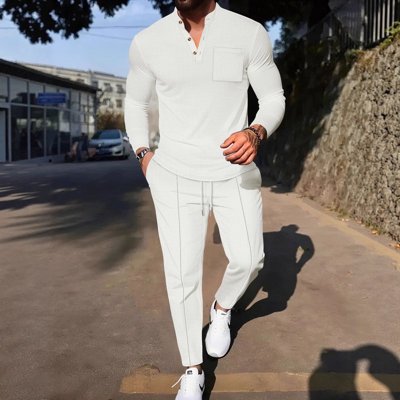 Herren-Set aus Waffelstrick-Poloshirt und -Hose – einfarbiges, lässiges Outfit mit Stehkragen und langen Ärmeln | leichter Komfort für den Alltag_voghion.com
