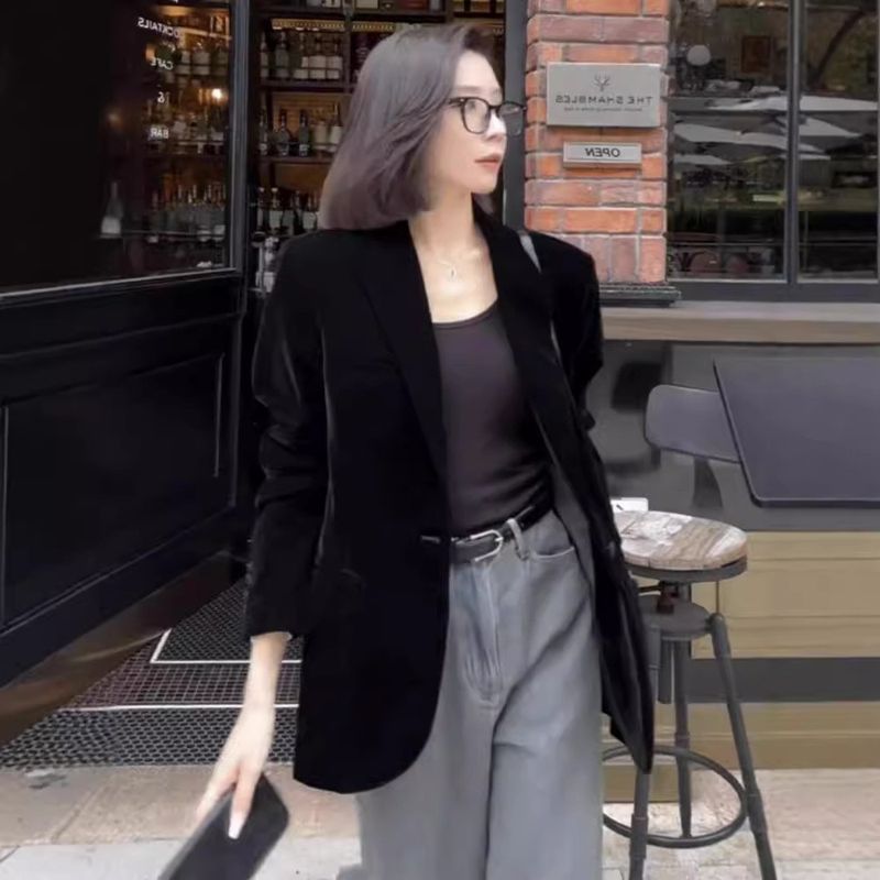 Blazer in velluto nero 2025 per donna, nuovo stile autunnale, elegante, casual, di alta qualità, piccolo abito_voghion.com
