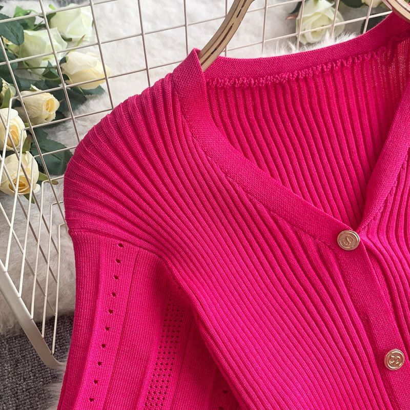 Women's Clothing Elegant V Neck Single Breasted Short Sleeved Dress Knitted Elastic Waist Hollow Fishtail Long Skirt_voghion.com