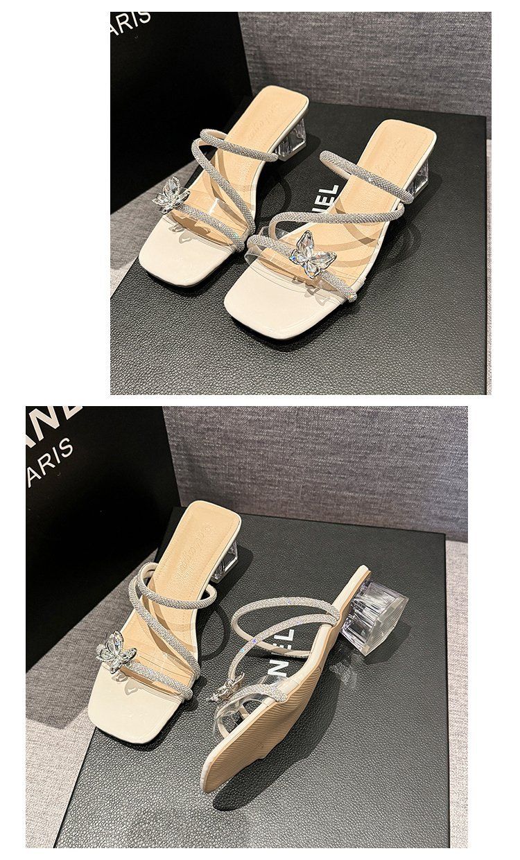 Women's Chunky Heel Sandals - Summer 2025 Crystal Rhinestone Butterfly Slides With Block Heel Elegant Dressy Open-Toe Shoes_voghion.com