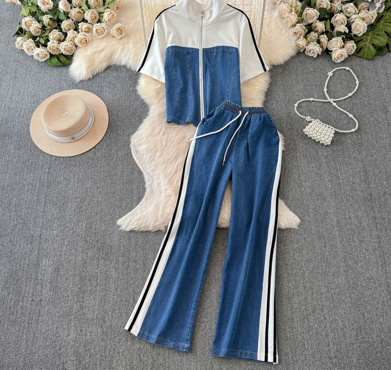 Damenbekleidung Lässiger Jeansanzug Altersreduzierender Streetstyle Modischer Sport-Zweiteiler_voghion.com