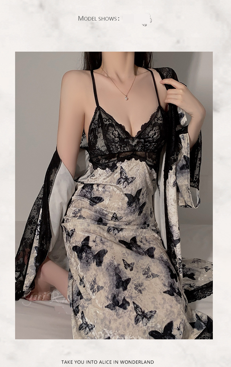 Women's Clothing Guiruo Underwear Pure Desire Ancient Style Butterfly Print Plus Chest Pad Suspender Nightdress Outer Robe Home Clothes_voghion.com