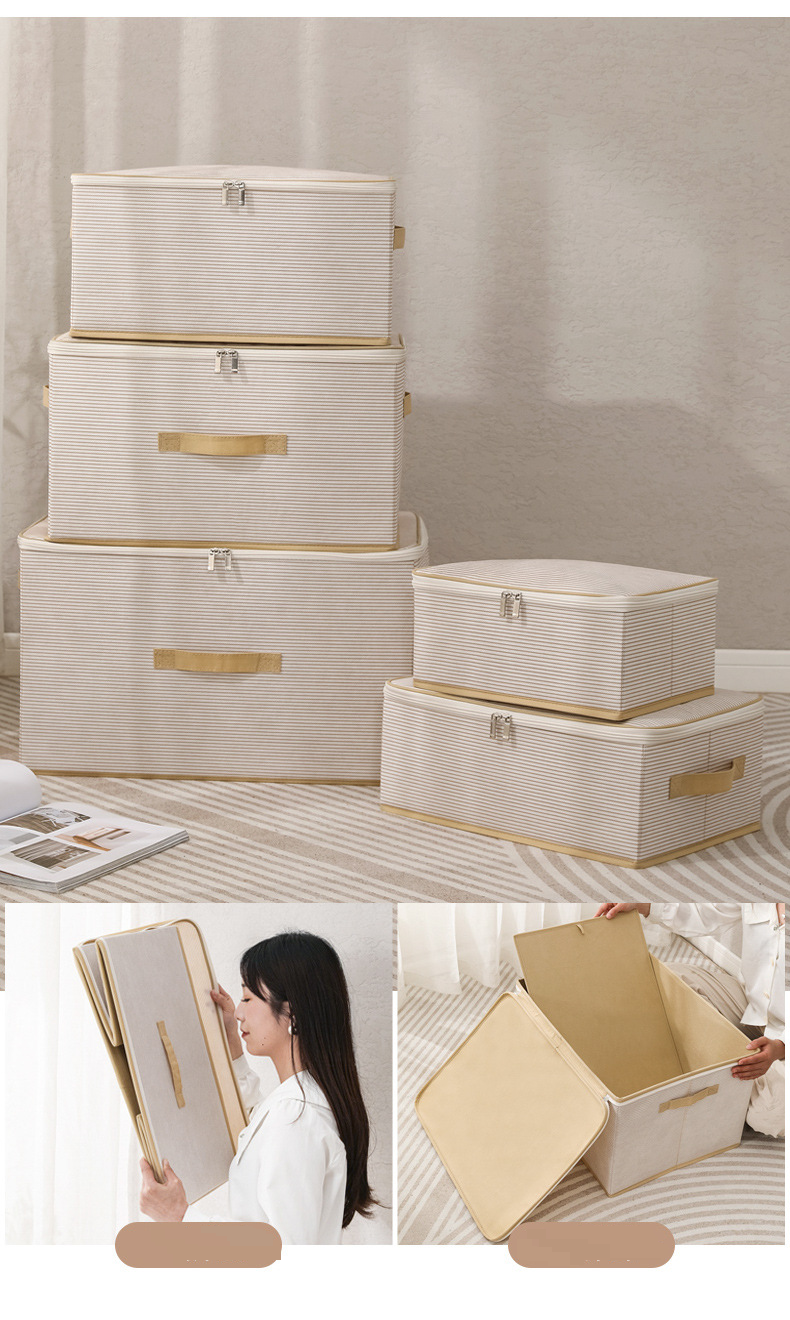 Boîte de rangement pliable et portable à rayures non tissées imprimées pour la maison et le jardin, grande capacité, résistante aux insectes et à l'humidité_voghion.com