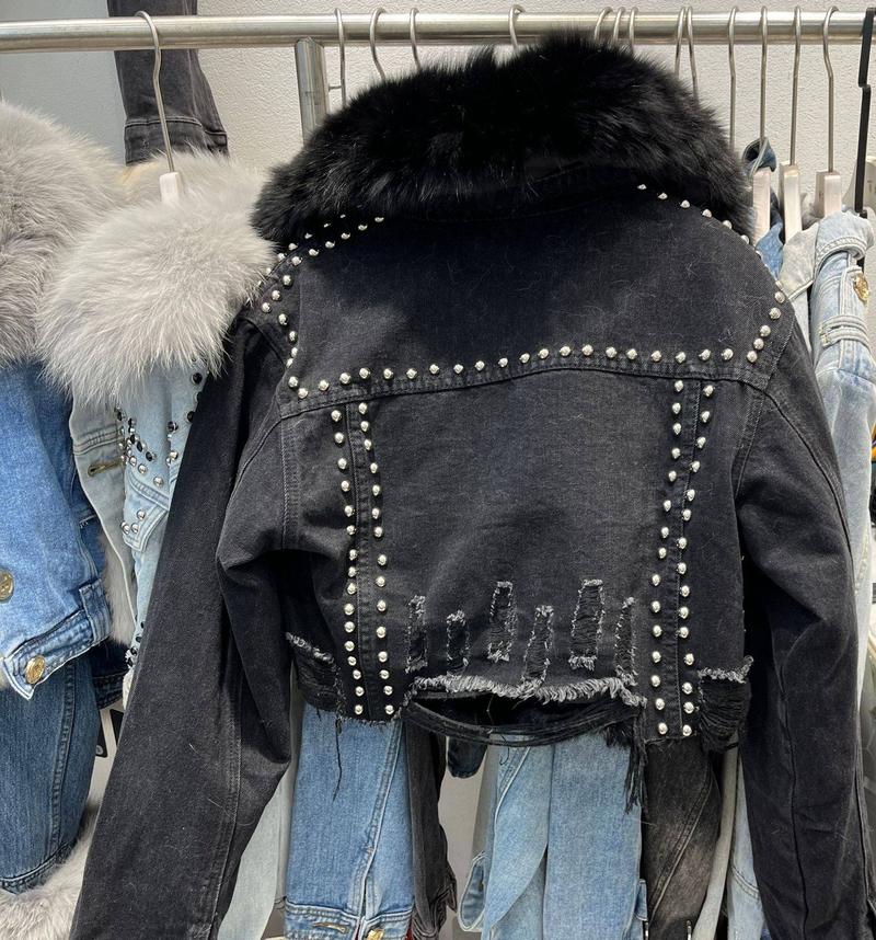 Damen-Parka mit Denim-Fellfutter, herausnehmbarem Kaninchenfellfutter und Fuchspelzkragen – Winterwärme in Hellblau und Schwarz_voghion.com