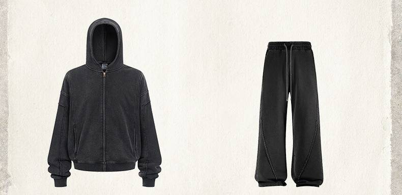 Conjunto de sudadera y jogger desgastados - Ropa urbana vintage con detalles de bordes sin rematar (negro/carbón/marrón)_voghion.com