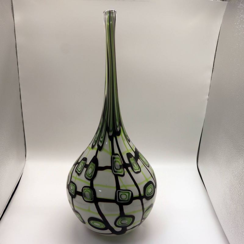 Modern Art Glass Vase, Green And Black Geometric Pattern, Long Neck Teardrop Shape, Contemporary Home Decor_voghion.com