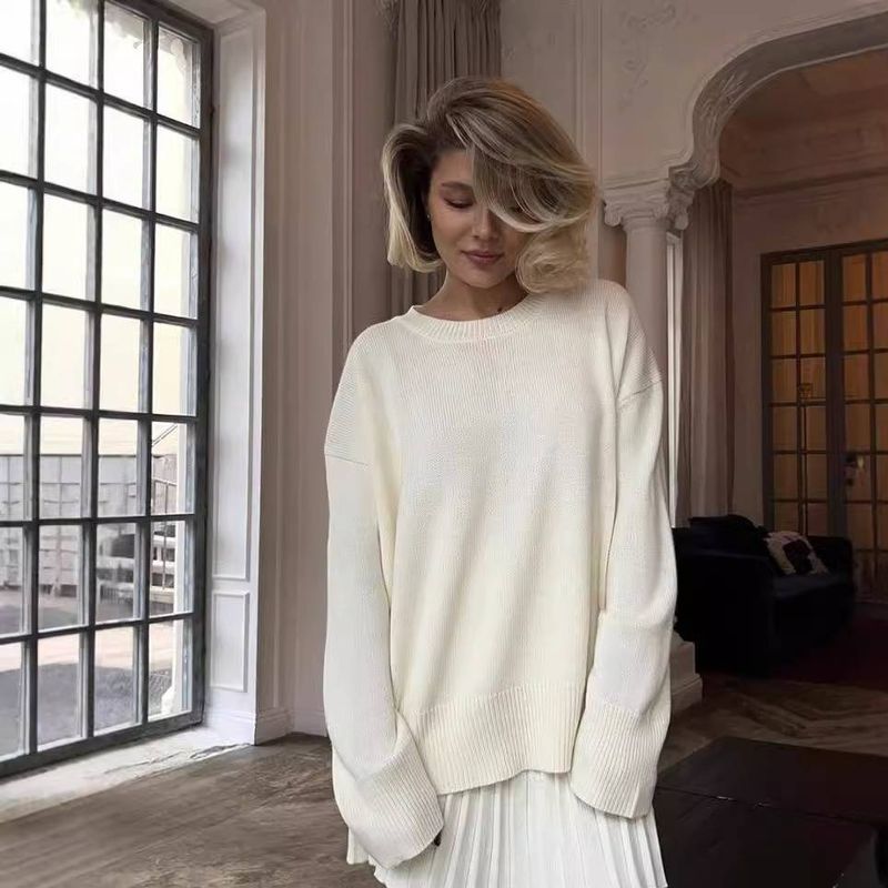 Women's Solid Color Round Neck Sweater With Pleated Skirt Set - Soft Knit Cozy Outfit For Fall Winter Casual Wear_voghion.com