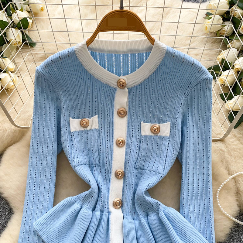 Women's Clothing Metal Button Waist Long Sleeve Luxury-Inspired Contrast Trim Metal Button Long Sleeve Knit Top – Slim Fit High Waist Staple For Fall_voghion.com