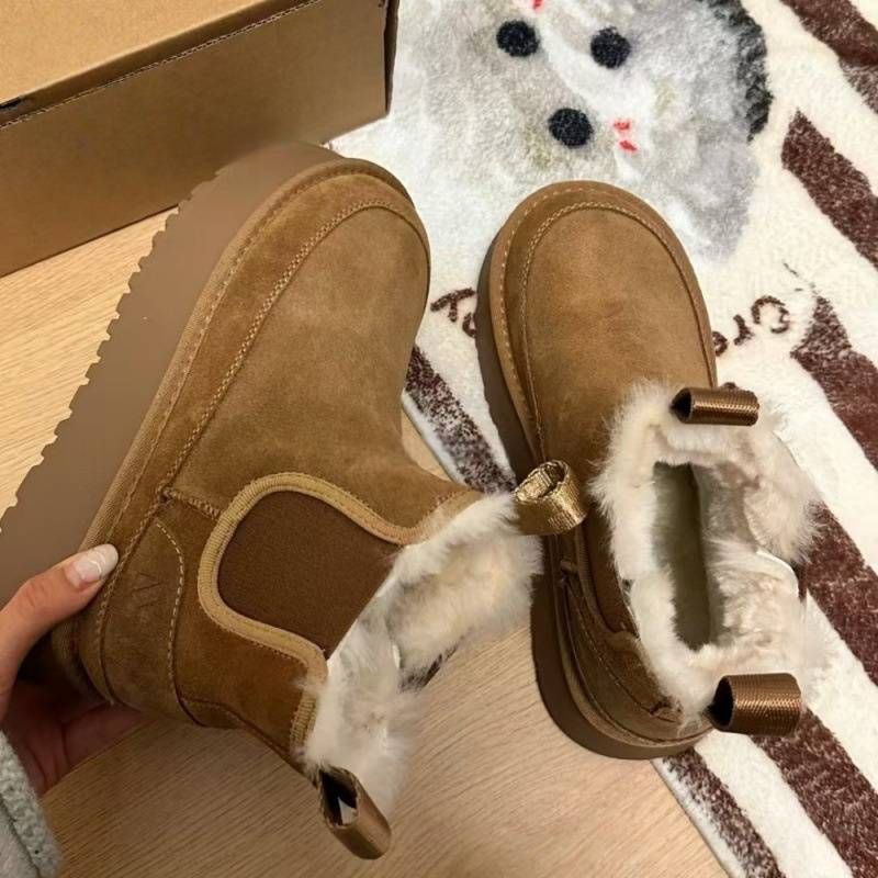 Women's Winter Snow Boots Chunky Chelsea Boots With Fleece Lined, 5cm Platform, Slip-On Warm Casual Booties In Khaki & Fawn Brown_voghion.com