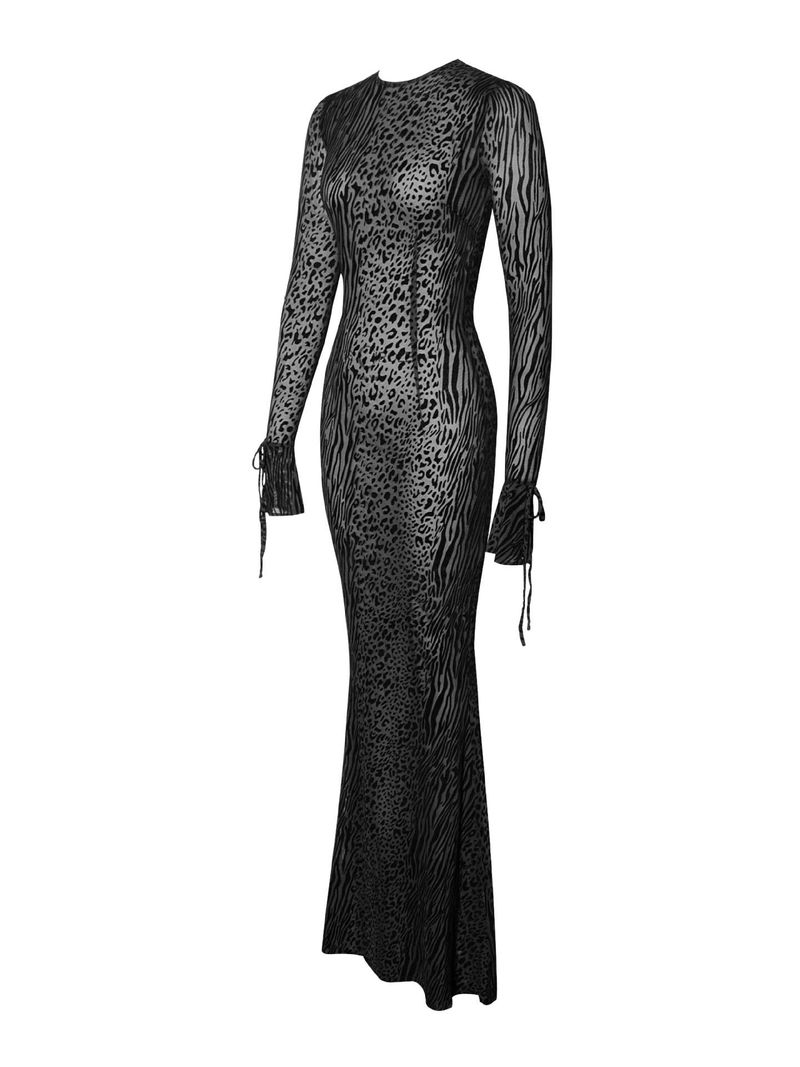2024 Autumn New Fashion Mesh Sexy Perspective Leopard Pattern Butt Wrapped Open Back Long Dress For Women_voghion.com
