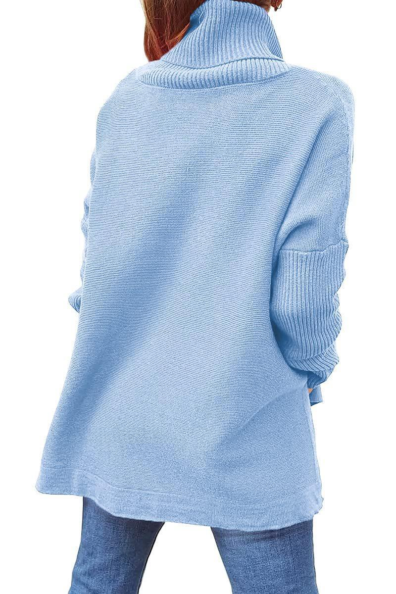 Dametrøje med høj hals, oversized pasform, mellemlang pullover med flagermusærmer, slidskant og bælte_voghion.com