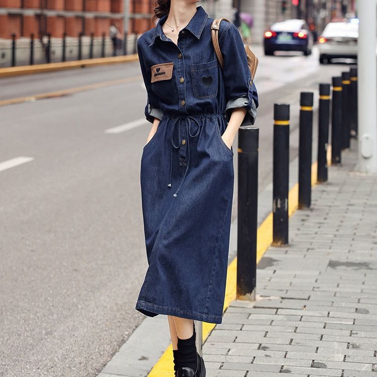 High-end Elegant Denim Trendy 2025 Autumn New Women's Fashion Casual Slimming Age-reducing Long Dress_voghion.com