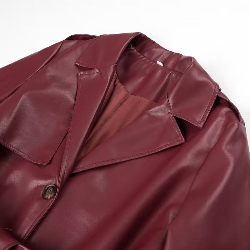 Trench con cintura Euro-Chic – Giacca a vento lunga in pelle per donna (nero/cremisi, S-L) | Capispalla minimalisti_voghion.com