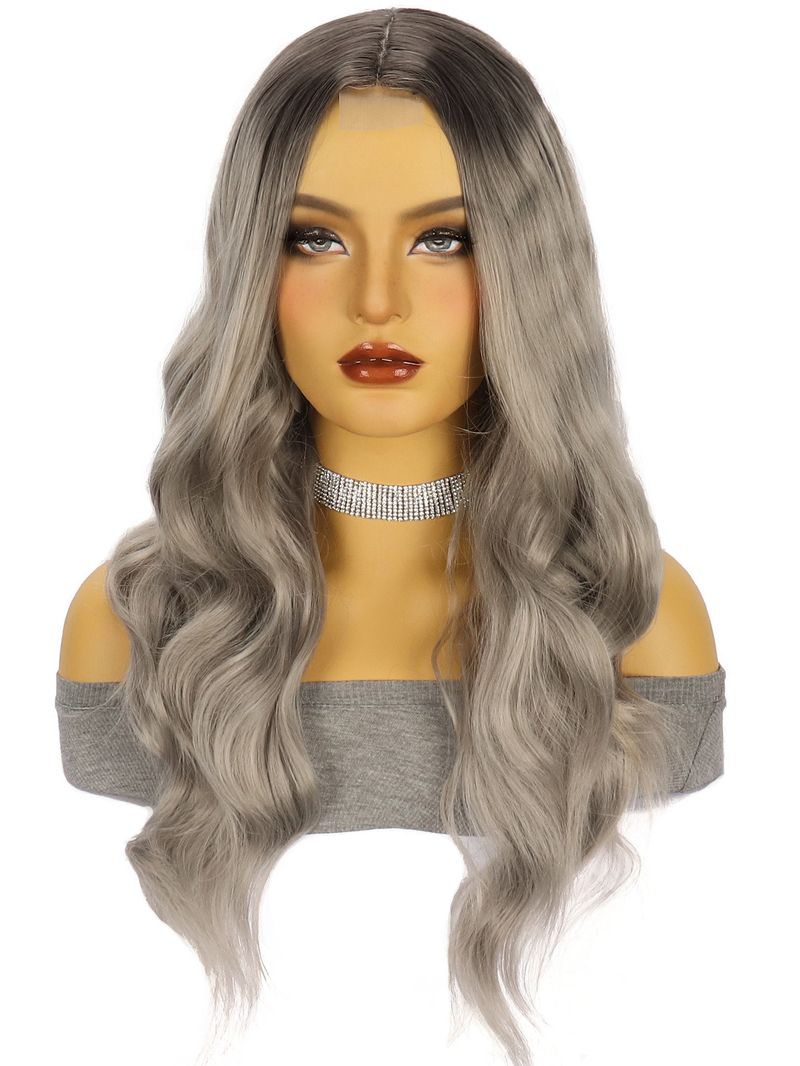 Parrucca sintetica frontale in pizzo annodata a mano per donna - Parrucca lunga e riccia con riga centrale (fibra resistente al calore, cuffia traspirante, attaccatura naturale dei capelli, pronta da indossare)_voghion.com