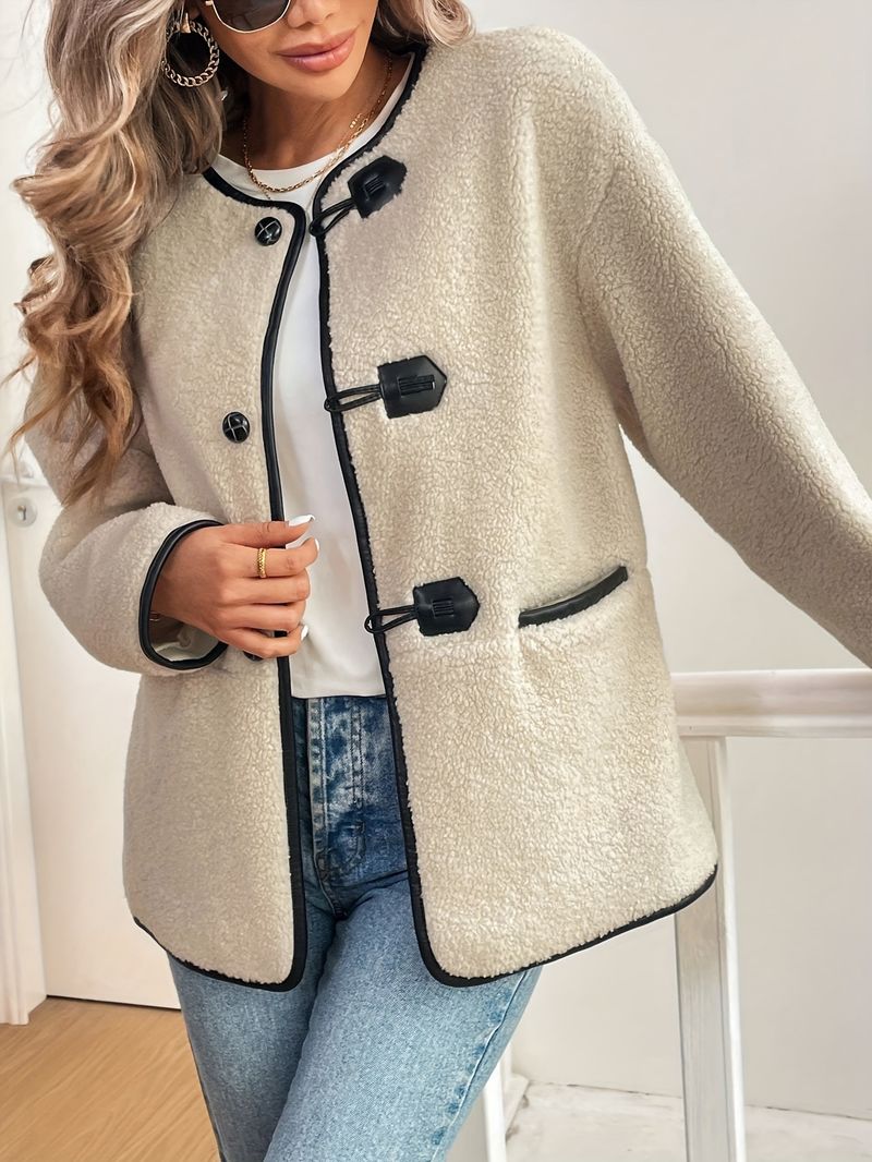 Women's Winter Fleece Coat Single Breasted Mid-Length Casual Jacket In Beige – Warm & Stylish Outerwear For Work & Daily Wear_voghion.com