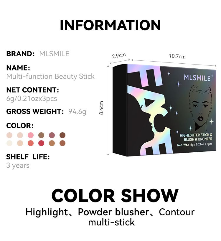 MLSMILE Textmarker- und Konturstifte, dreidimensionales Make-up, aufhellender Hautton, europäische und amerikanische Gesichtsrougestifte, 3 Stück_voghion.com