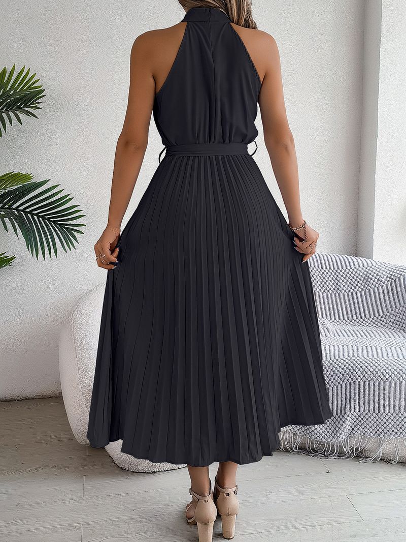 Elegantes, ärmelloses Maxikleid mit hohem Halsausschnitt und plissierter Taille für Damen im Sommer – Atmungsaktive Polyestermischung, fließender A-Linien-Rock_voghion.com