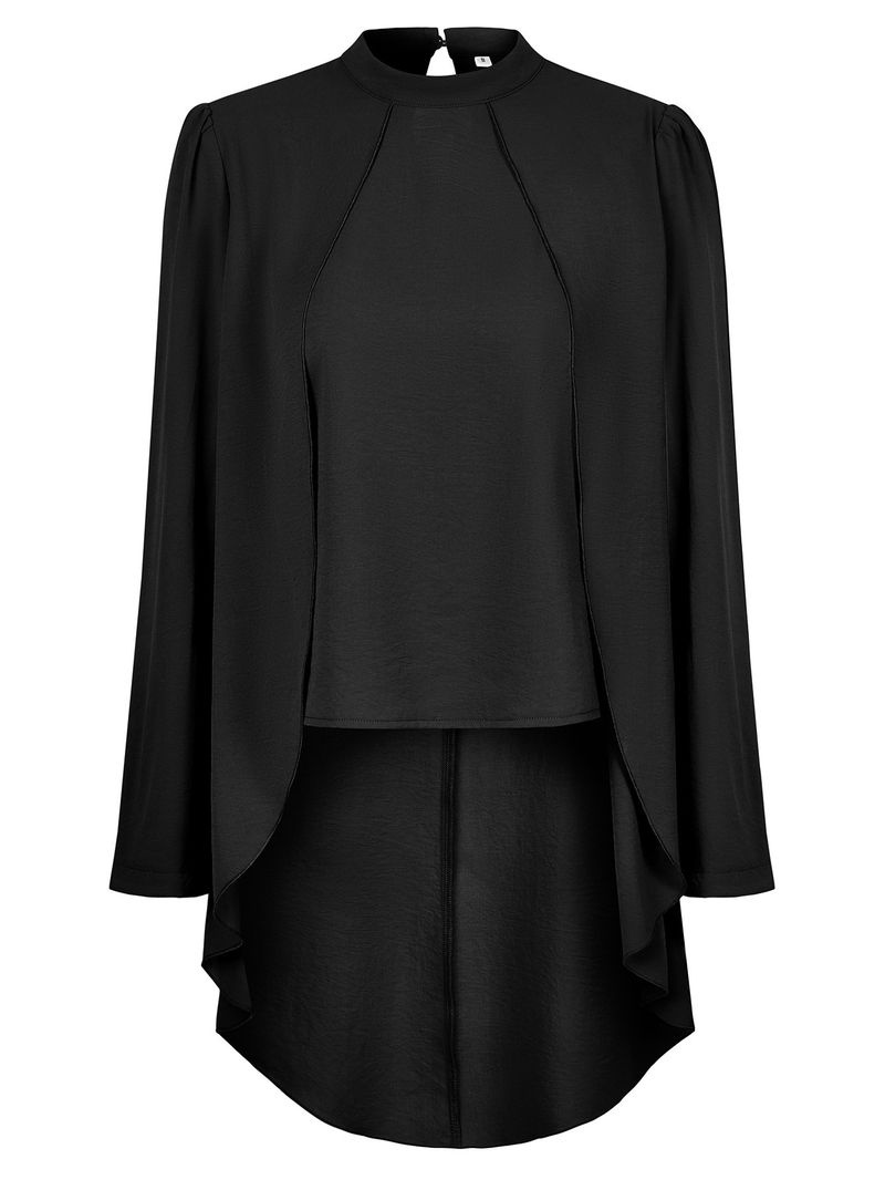 Abbigliamento da donna, camicia in due pezzi finta a maniche lunghe, tinta unita, collo semi-alto, casual, da donna_voghion.com