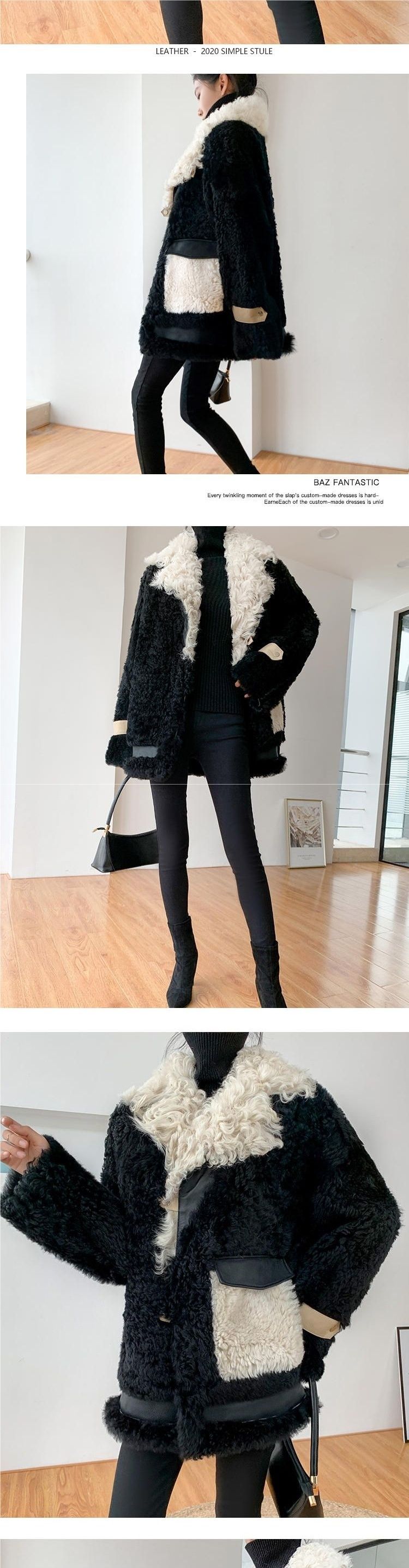 Calm New Winter Mid-Length Lamb Wool Sheep Shearling Sheepskin Fur Coat Women's Patchwork Overcoat_voghion.com