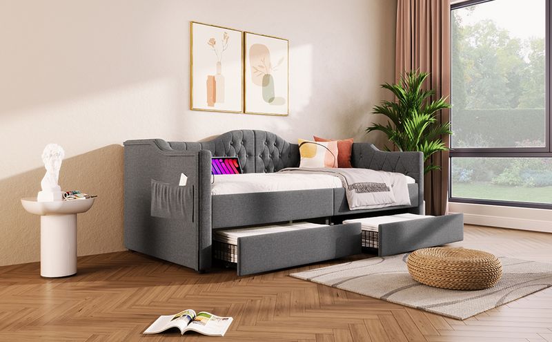 Lit de jour avec rangement et chargeur USB Type-C, 2 tiroirs, 90 x 200 cm, lin gris (sans matelas)_voghion.com