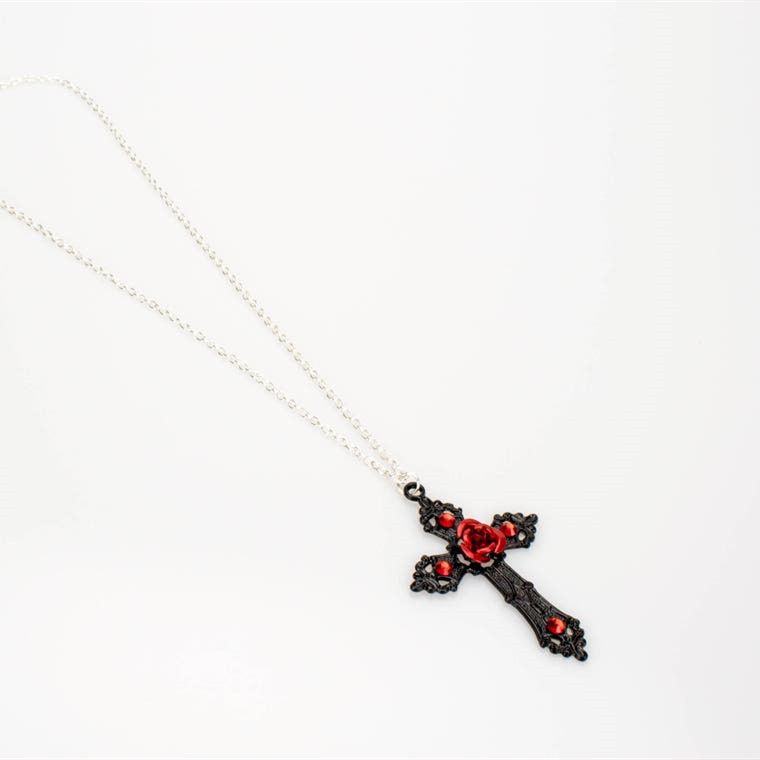 Collane Collana con grande croce nera, smalto rosa e cristallo_voghion.com