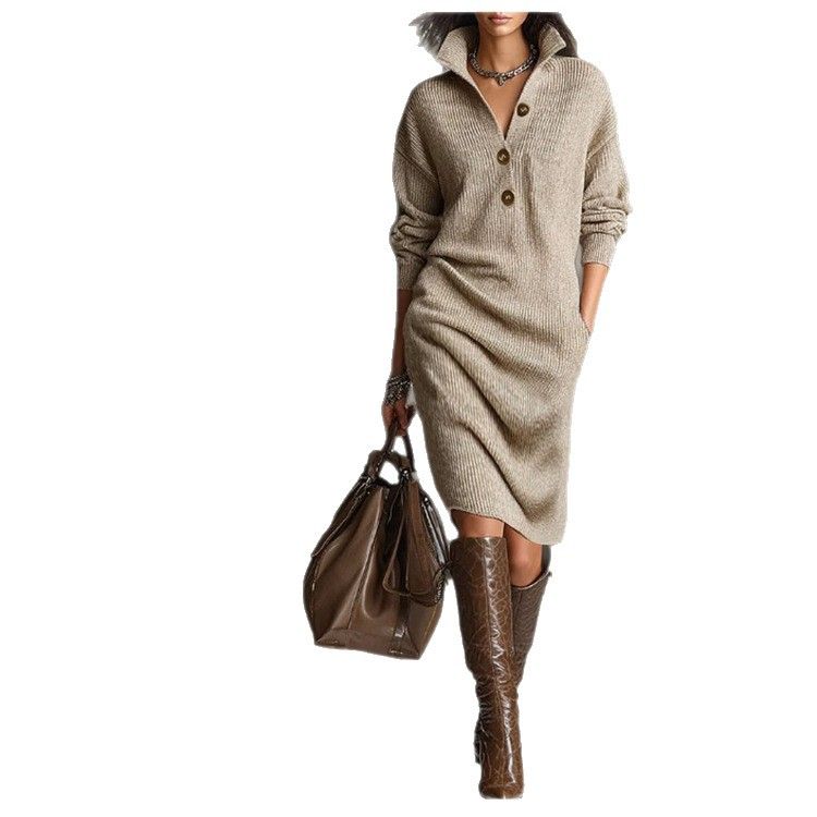 Women's Long Sleeve Knit Button-Up Dress With Turn-Down Collar, Loose Fit Straight Cut, Mid-Length Casual Tunic For Autumn_voghion.com