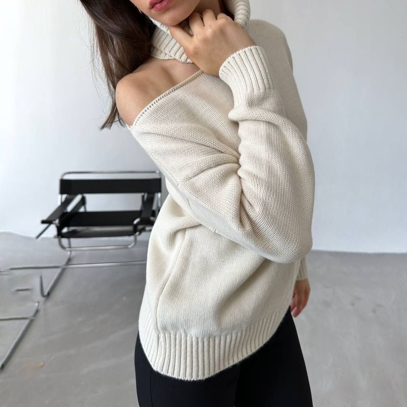 Women's Clothing 2024 autumn new women's clothing pure desire style off shoulder half high collar slim all match knitted sweater_voghion.com