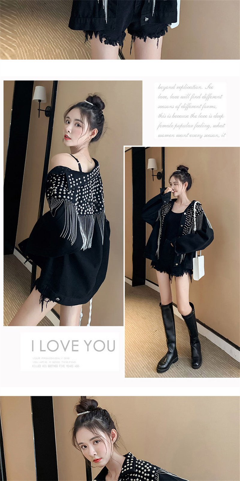 Chaqueta vaquera con remaches tachonados a mano para mujer, abrigo corto con borlas, chaqueta vaquera a la moda, abrigos negros Rock, novedad de primavera y otoño de 2023_voghion.com