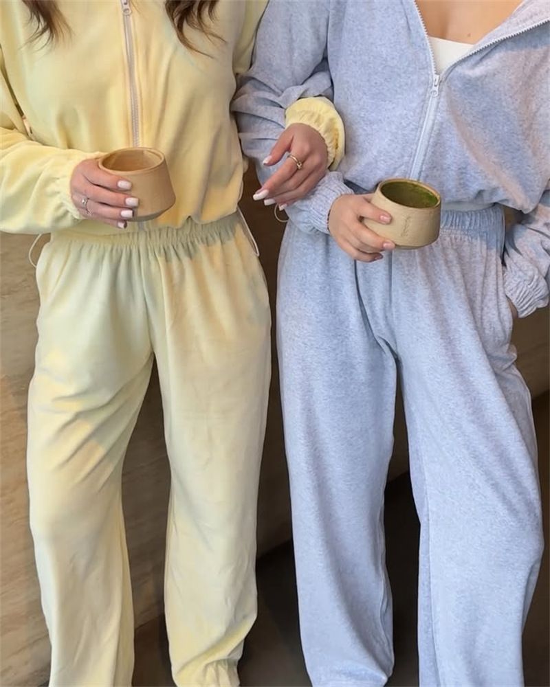 Women's Casual Hoodie & Drawstring Pants Set - Long Sleeve Zip-Up Sweatshirt & Joggers (Pink, Grey, Black, Yellow, Sky Blue, Brown, S/M/L/XL)_voghion.com