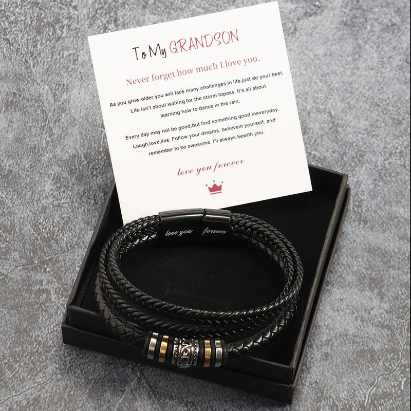 Stainless Multi-layer Braided Men's Titanium Steel Fashion Leather Bracelet Engraved Gift Set_voghion.com