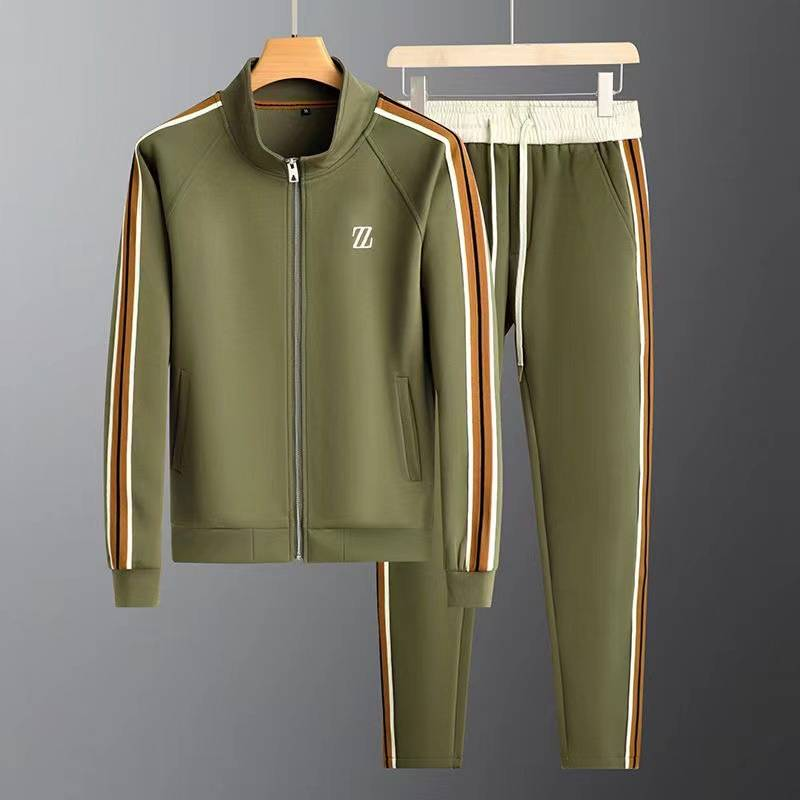 Erkek Giyim Stand Yaka Rahat Spor Takım Elbise Erkek Modası Spor Giyim Uzun Kollu Düz Pantolon İki Parça Takım Elbise_voghion.com