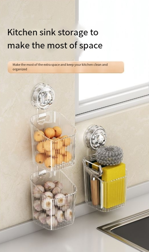 Boîte de rangement à ventouse pour oignons, gingembre et ail, panier de rangement de cuisine, support de rangement mural sans perforation, égouttoir à gingembre et à ail_voghion.com