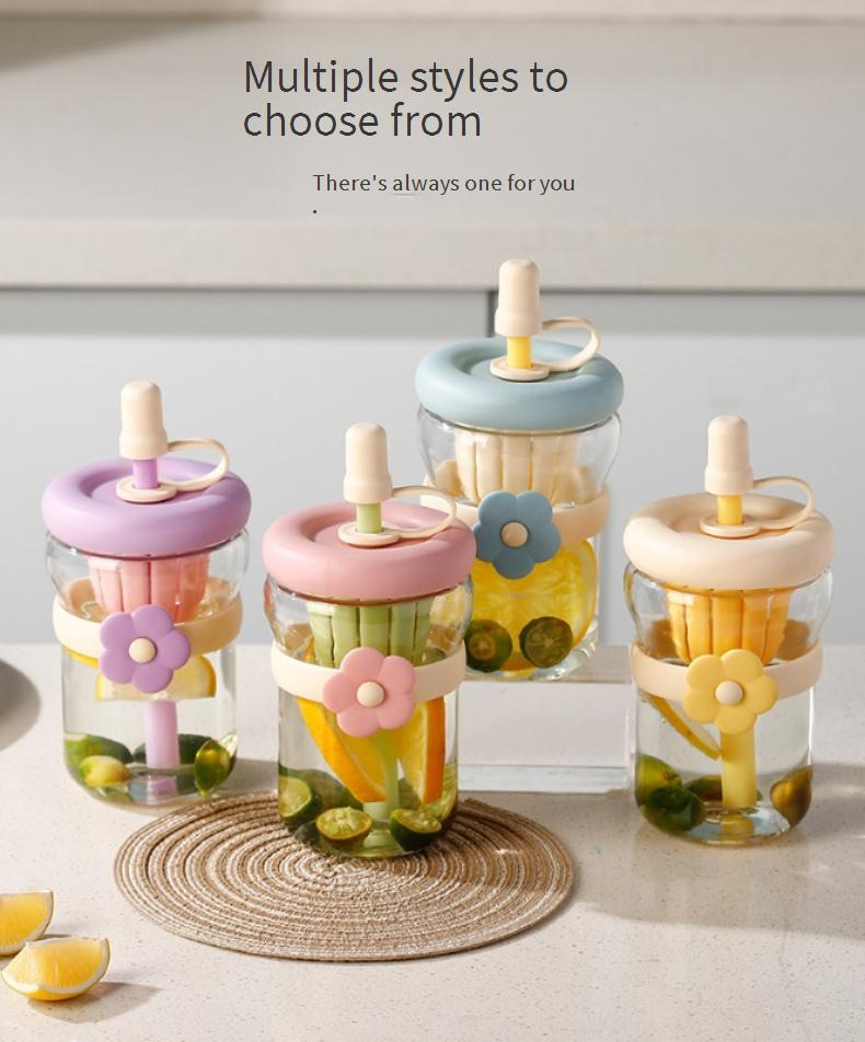 Elegant Floral Glass Tumbler With Straw Minimalist Home Drinking Cup 450ml Portable Gift Ready BPA-Free_voghion.com