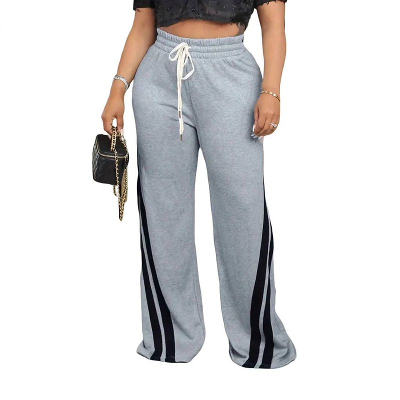 Vêtements pour femmes, mode décontractée, taille élastique, cordon de serrage, coutures rayées, tissu, jambes larges, pantalon de sport_voghion.com