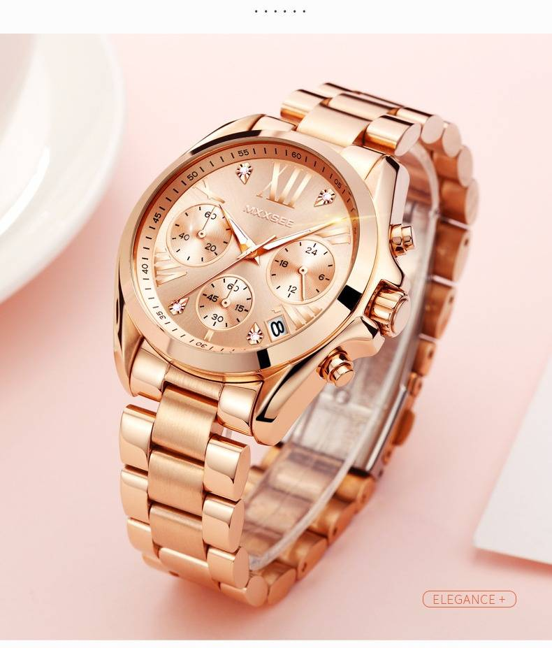 Elegante orologio cronografo in acciaio inossidabile color oro rosa per donna con datario e resistenza all'acqua fino a 30 m. Un regalo elegante e alla moda._voghion.com