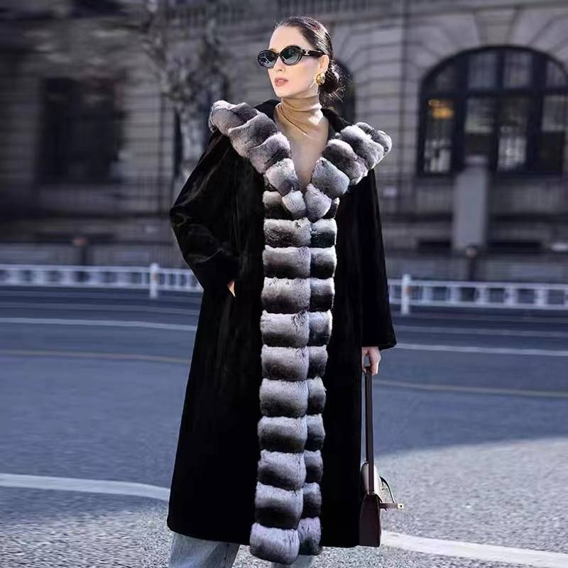 Langer Damen-Plüsch-Chinchilla-Kunstpelzmantel mit Schalkragen, elegante Winter-Trenchjacke für Übergrößen, Kunstpelzmäntel_voghion.com