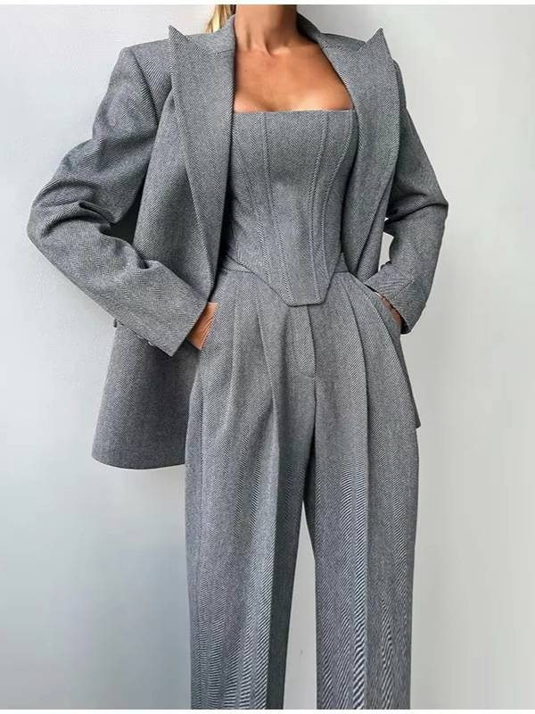 Completo blazer con corsetto su misura: gilet con cintura a vita alta + pantaloni coordinati (3 pezzi, grigio/rosa/beige/kaki, S-L)_voghion.com