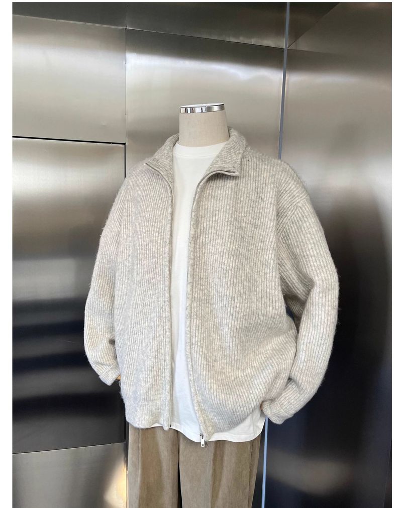Herren-Strickpullover mit Stehkragen und Reißverschluss – Übergroße Strickjacke mit Fleecefutter und knitterfreiem Finish (M-XXL, Hellgrau, Winter-Freizeitkleidung)_voghion.com