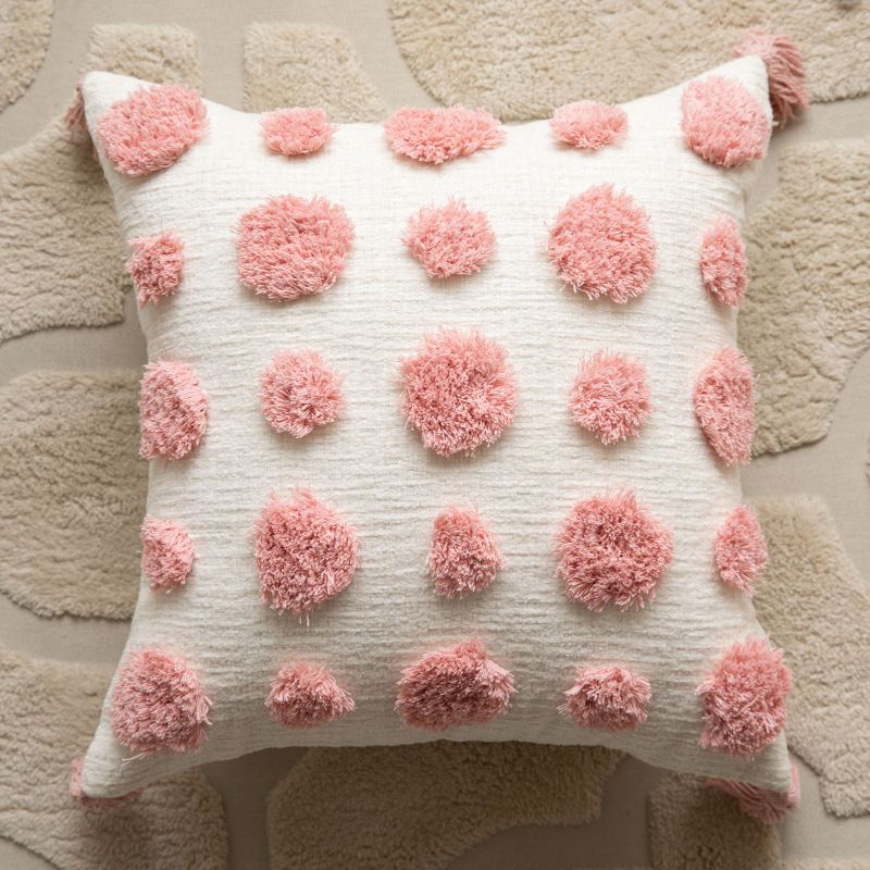 Decorative Tassel Throw Pillow Cover - Modern Pink Polka Dot Square Cushion Cover With Detachable Design For Sofa, Bed, Living Room"_voghion.com