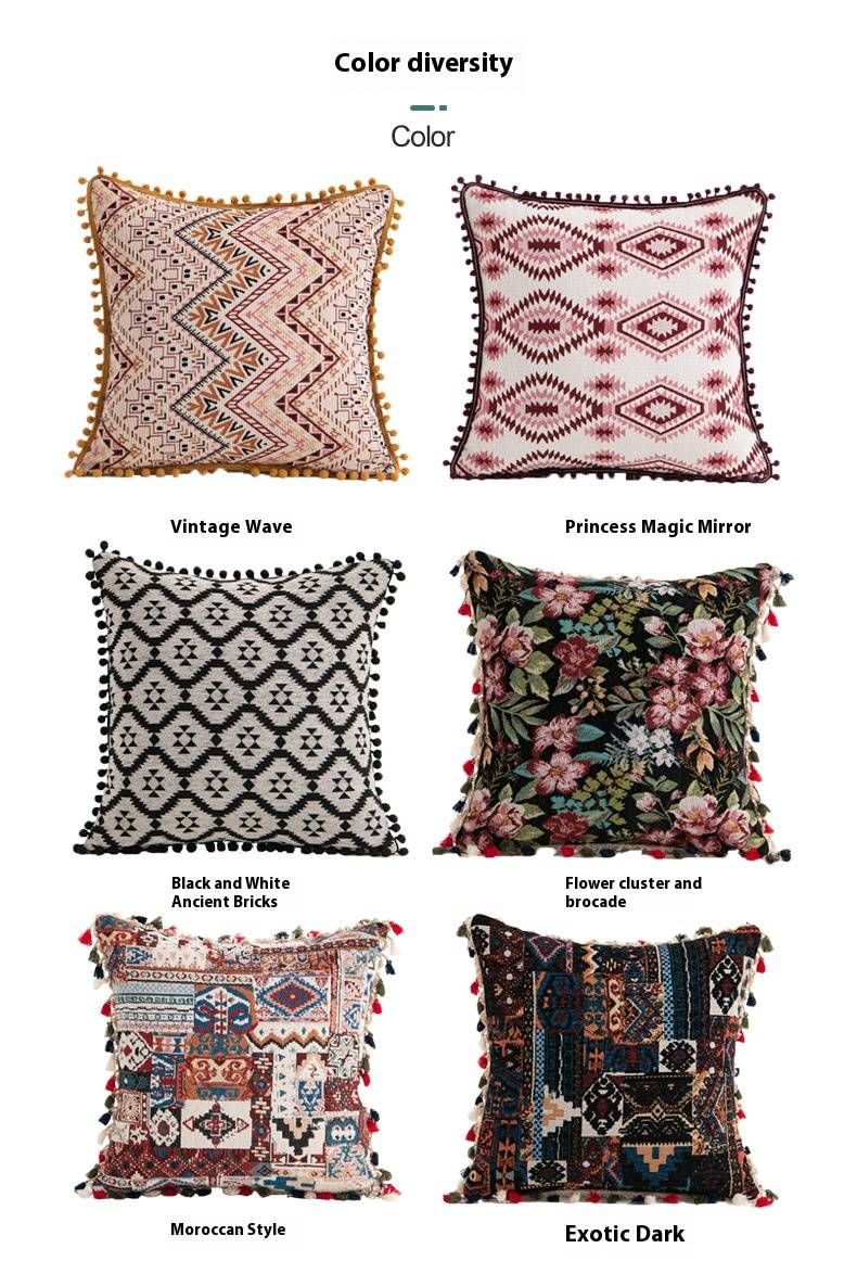 Cuscino decorativo marocchino boho con ricami e nappe, 45x45 cm, con inserto in cotone PP, arredamento bohémien per la casa._voghion.com