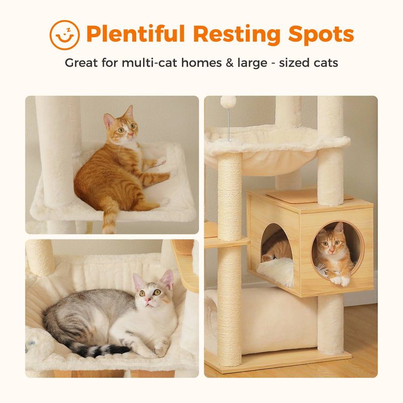 93-101-in Wood Floor To Ceiling Adjustable Cat Tree Tall Cat Tower, Beige_voghion.com