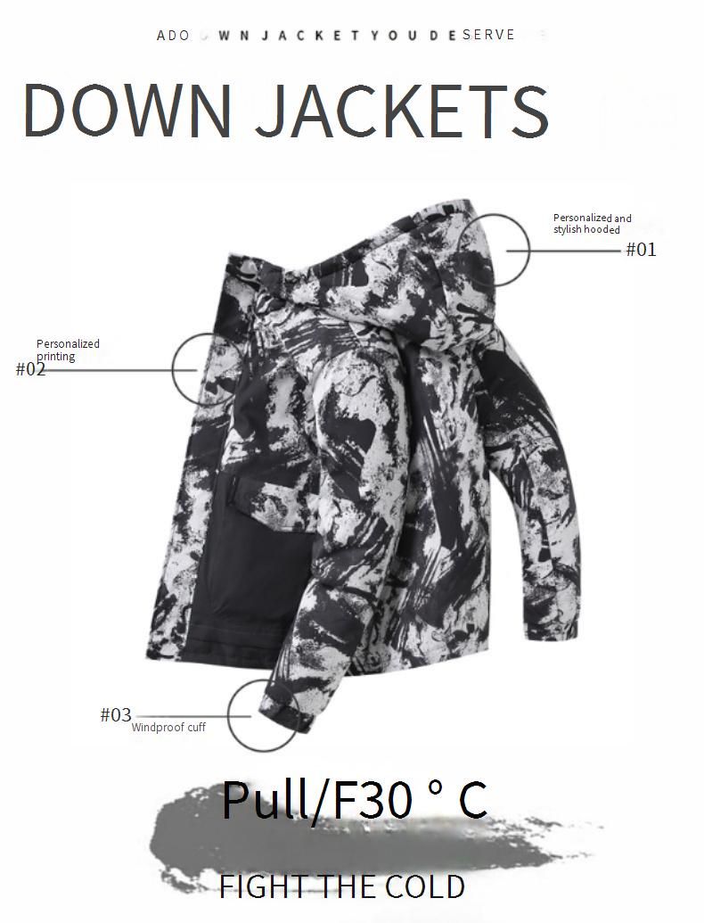 Leichte Daunenjacke für Paare – 550FP weißer Gänsefeder-Kapuzenmantel mit Blumendruck (maschinenwaschbar, Blau/Schwarz, M-3XL)_voghion.com