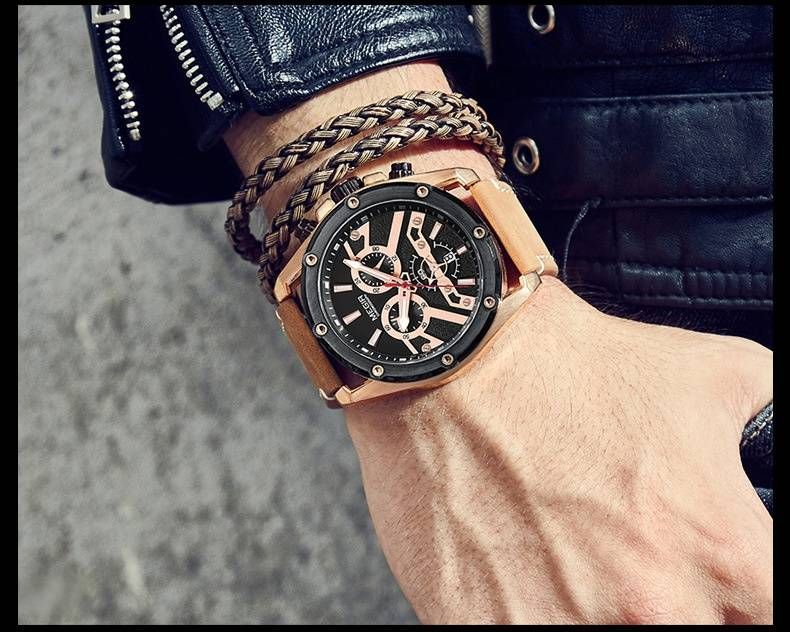 Orologio cronografo sportivo da uomo – Cinturino in vera pelle da 48 mm con lancette luminose e data (movimento al quarzo, resistente all'acqua)_voghion.com